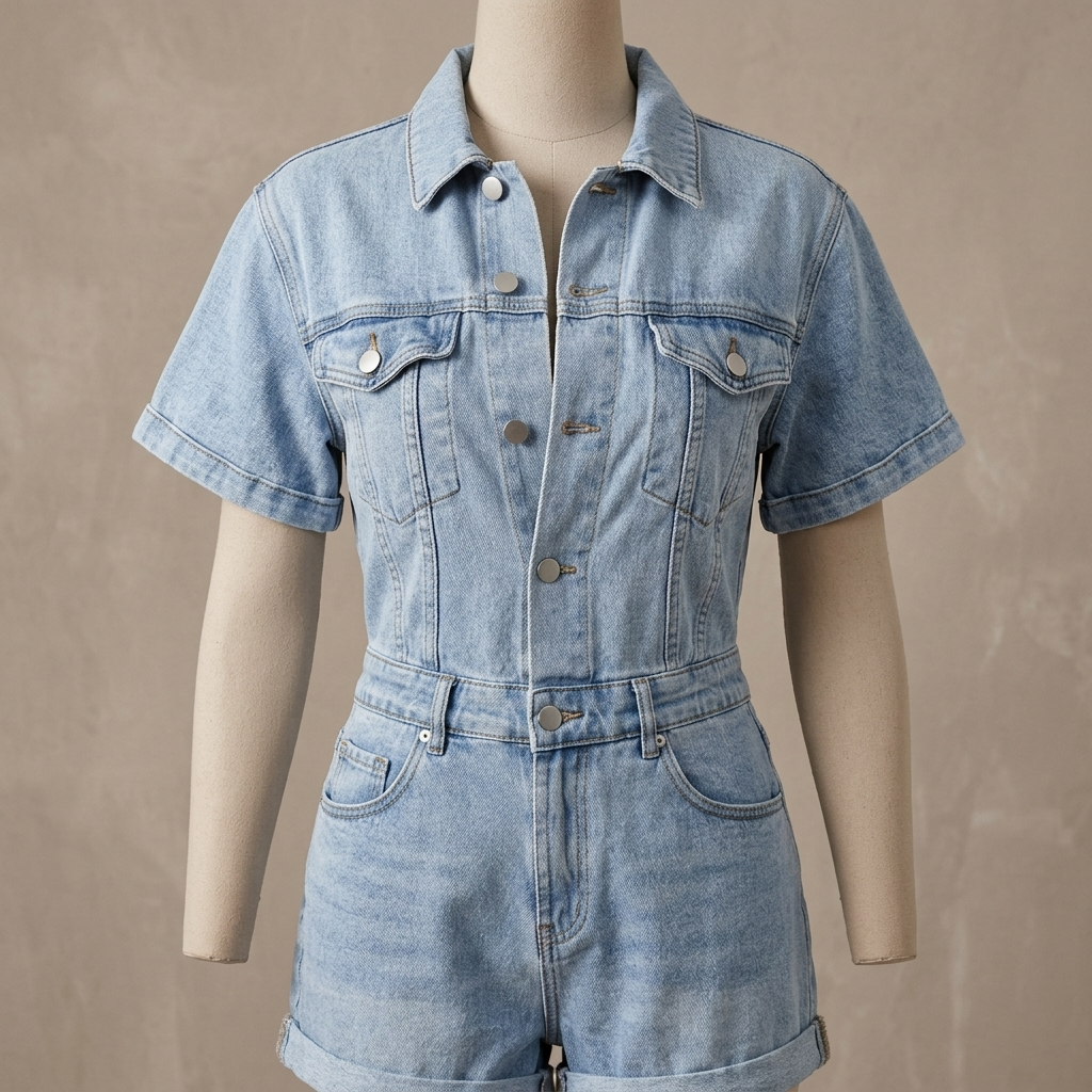 Close-up of Denim Playsuit, Light Wash, Short Sleeve Cuffed fabric and detailing