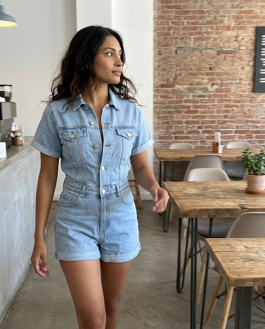 Denim Playsuit, Light Wash, Short Sleeve Cuffed styled in a daylight interior setting
