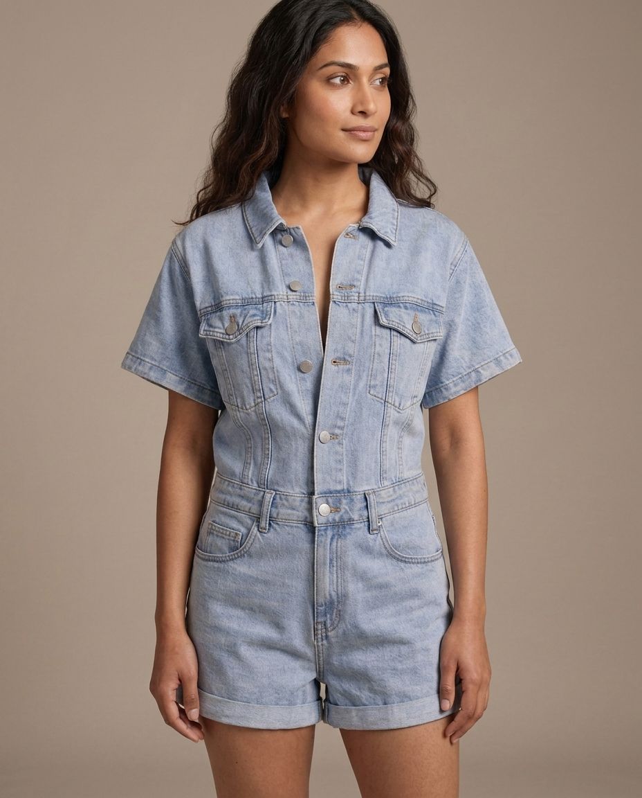 Light-Wash Short-Sleeve Cuffed Denim Playsuit worn by a model, close waist-up view