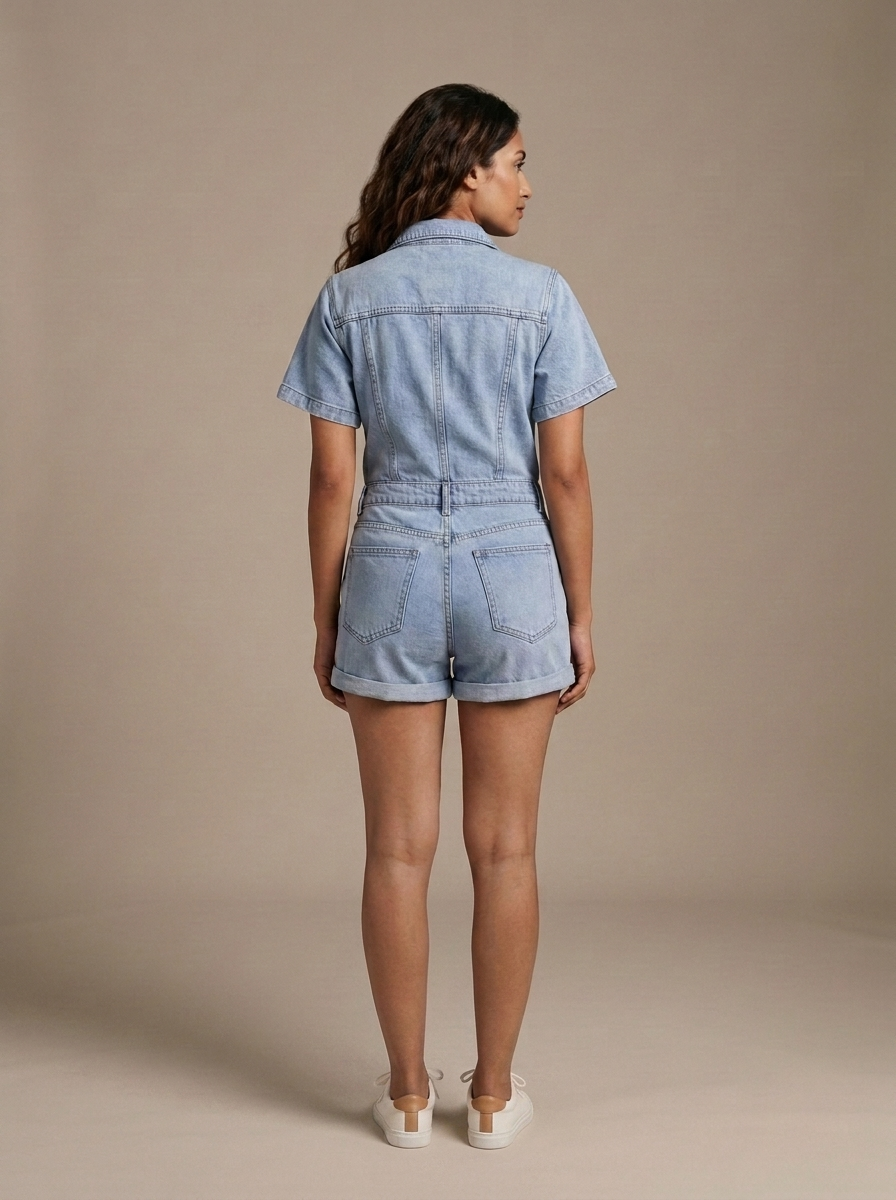 Denim Playsuit, Light Wash, Short Sleeve Cuffed worn by a model, back view