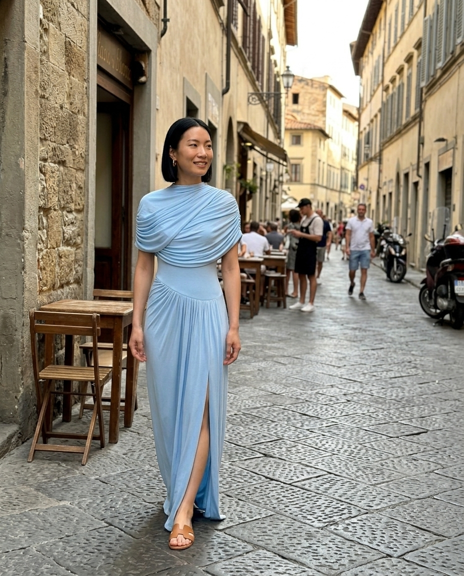 Draped High Neck Slit Maxi Dress worn in an everyday street setting