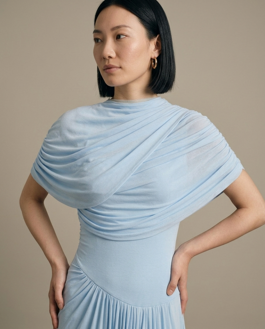 Draped High Neck Slit Maxi Dress worn by a model, close waist-up view