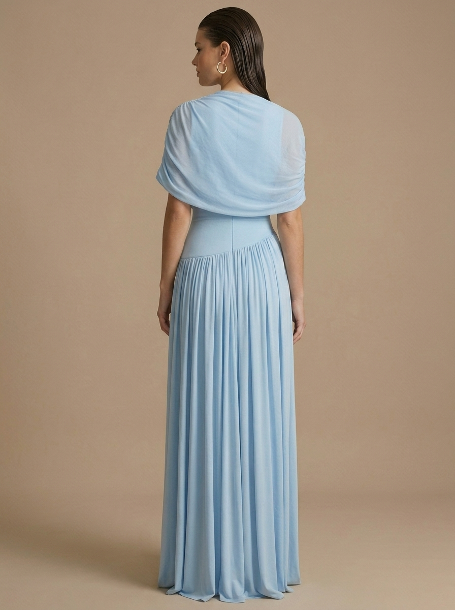 Draped High Neck Slit Maxi Dress worn by a model, back view