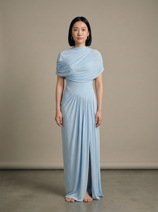 Draped High Neck Slit Maxi Dress worn by a model, front view