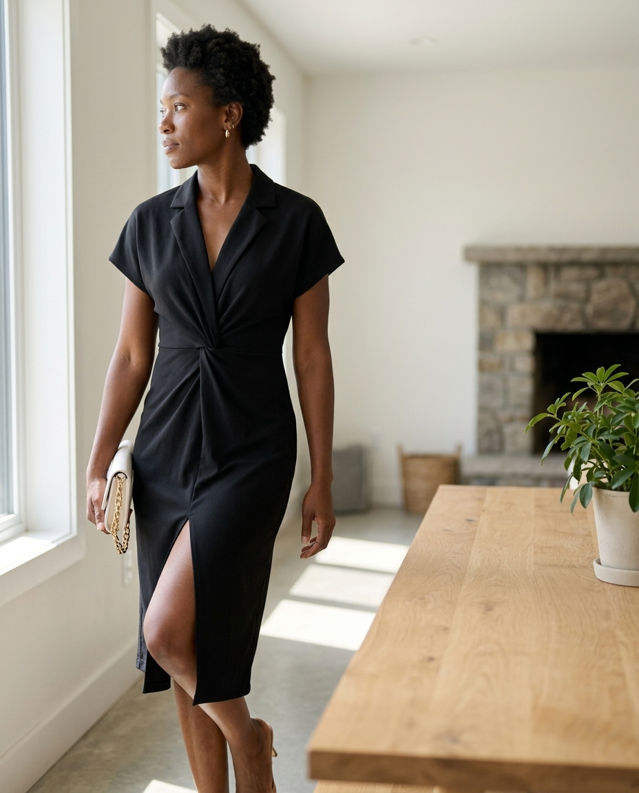 Dress Black Twisted Front Midi styled in a daylight interior setting