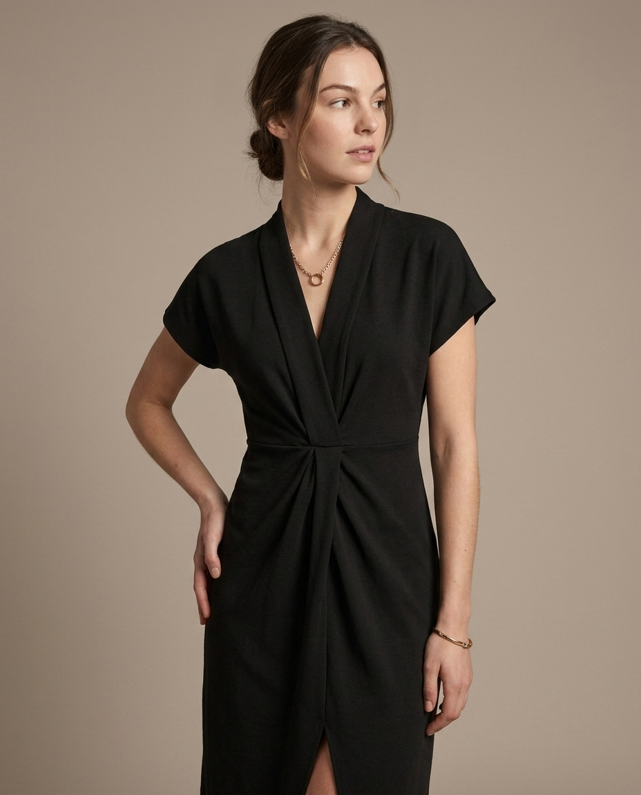 Black Twisted-Front Midi Dress worn by a model, close waist-up view
