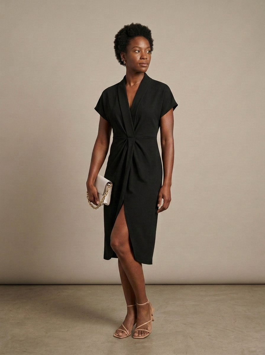 Dress Black Twisted Front Midi worn by a model, three-quarter angle