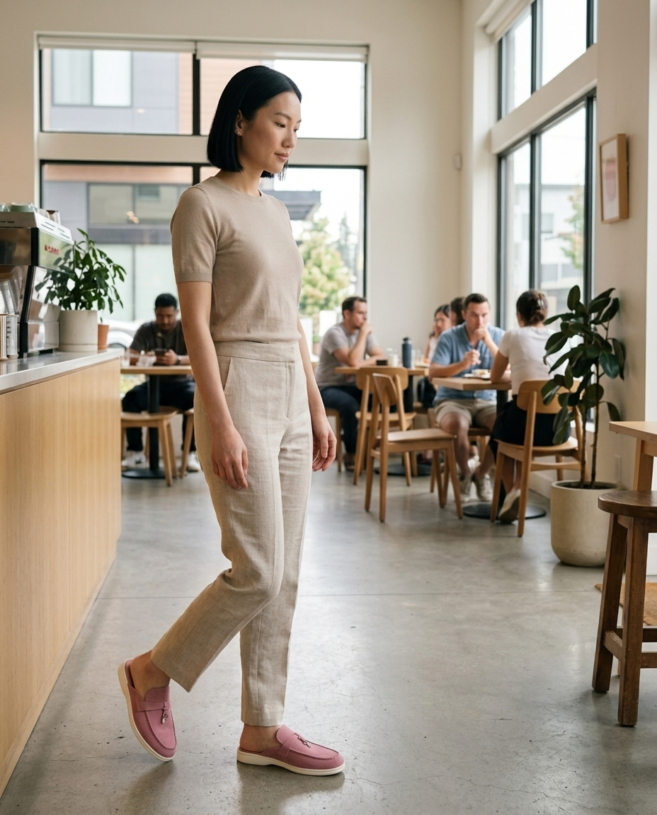 Dusty Pink Suede Mule Loafers, Metal Lock Detail styled in a daylight interior setting