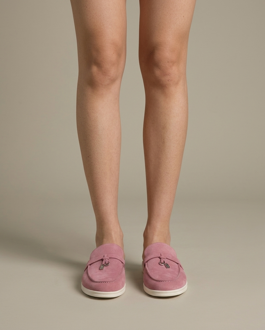 Dusty Pink Suede Mule Loafers, Metal Lock Detail on the foot