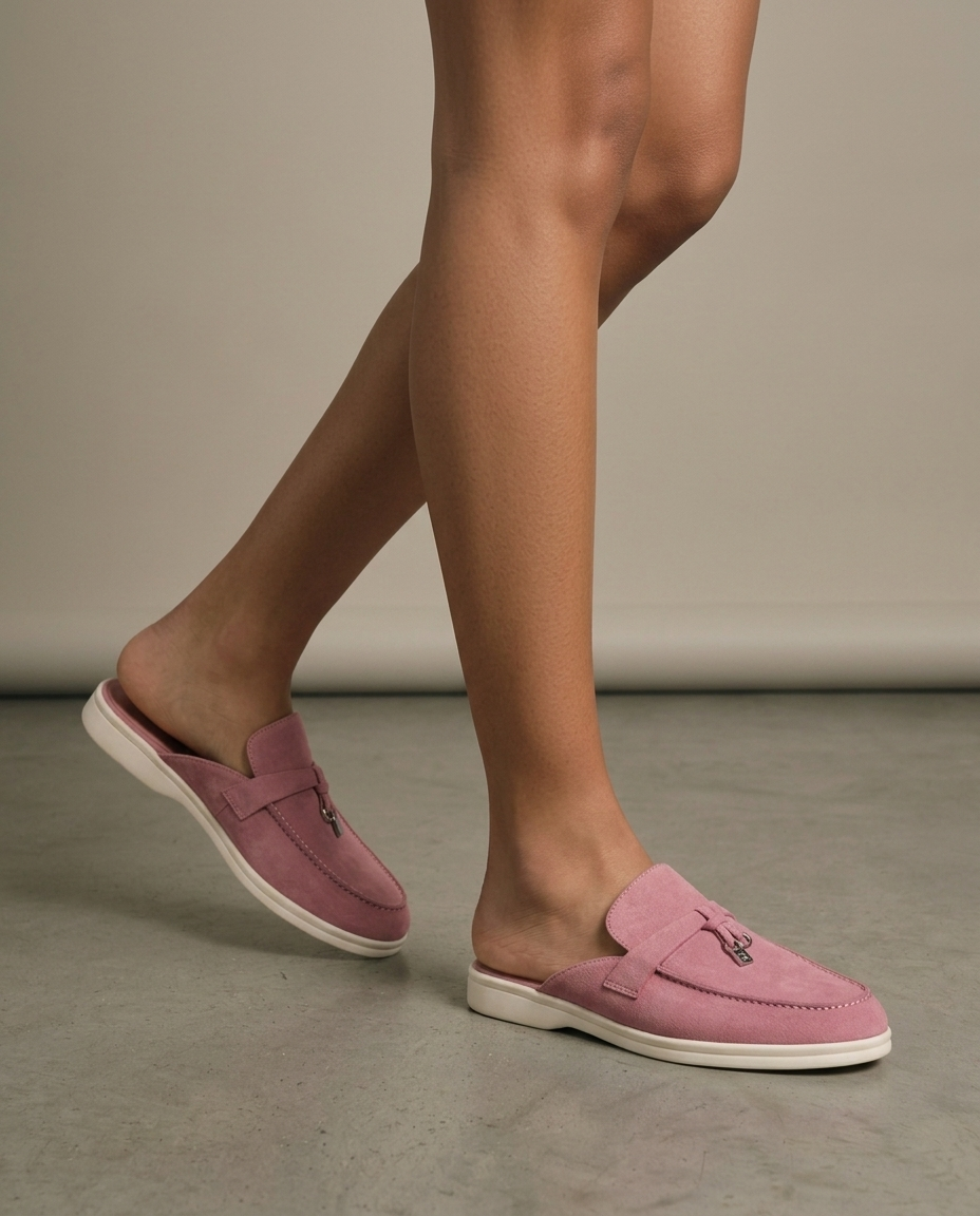 Dusty Pink Suede Mule Loafers, Metal Lock Detail worn, walking