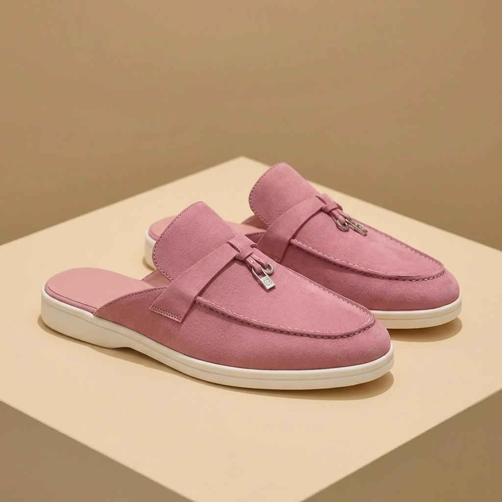 Close-up of Dusty Pink Suede Mule Loafers, Metal Lock Detail