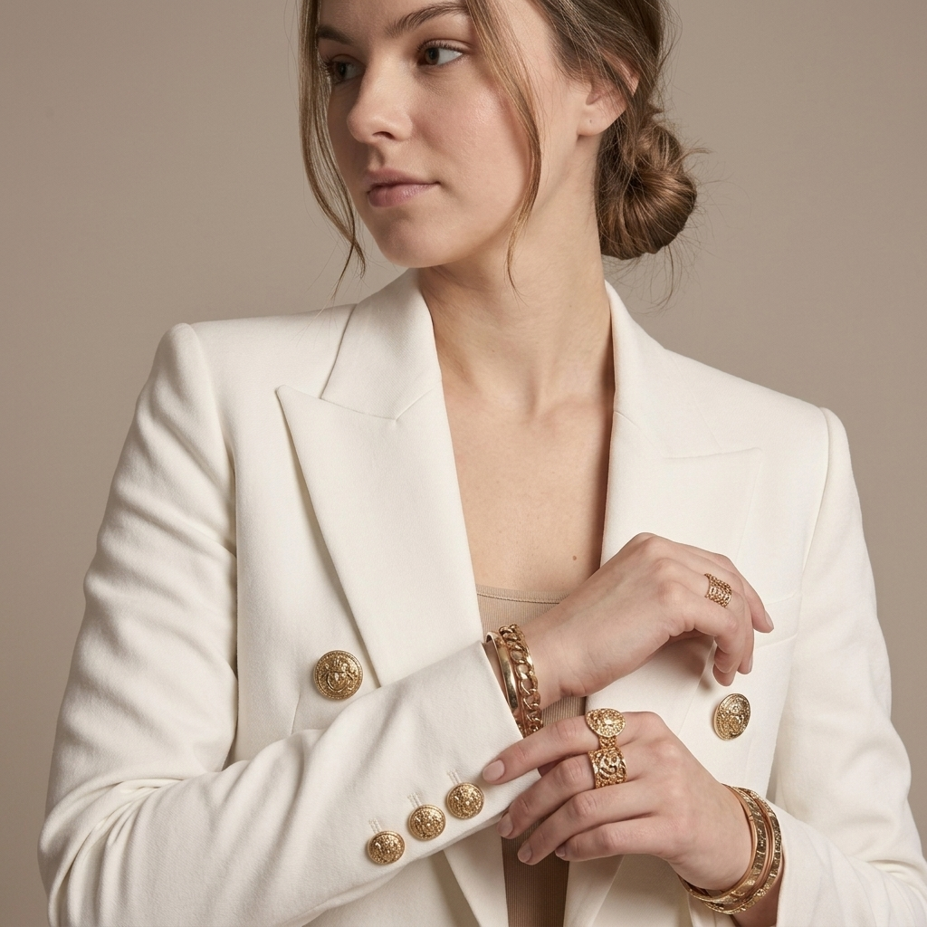 Close-up of Ecru Tailored Double-Breasted Blazer with Gold Buttons detail