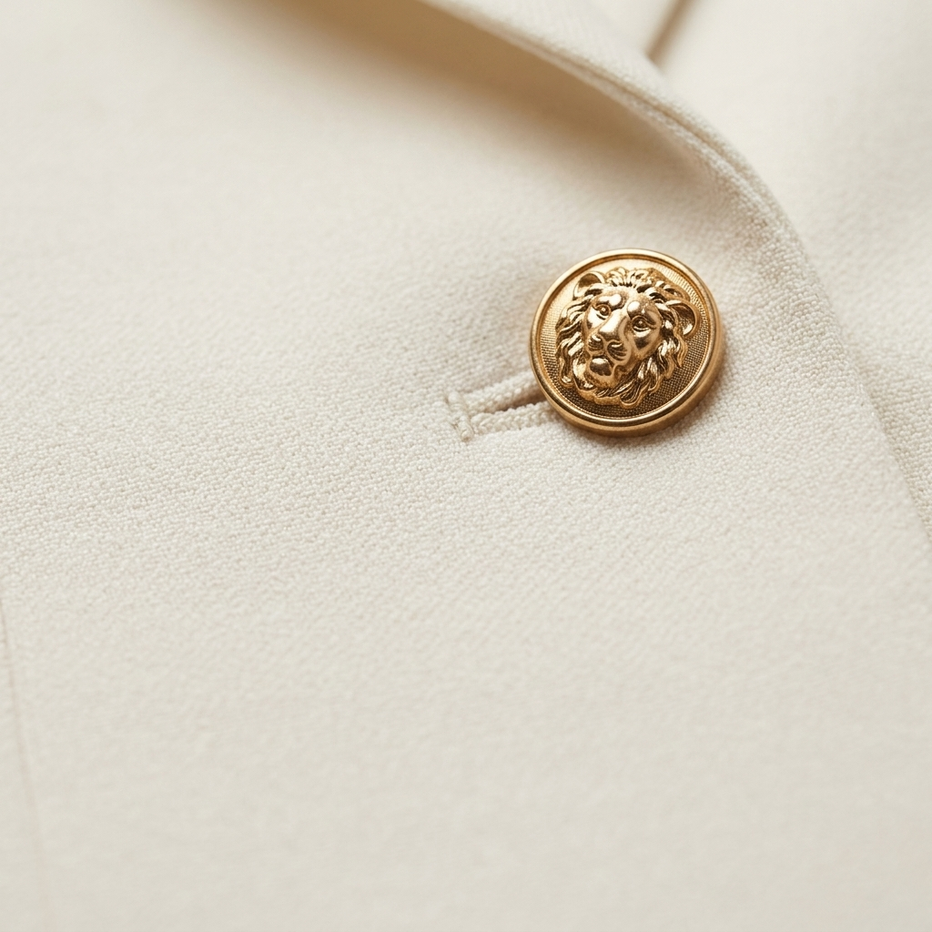 Macro of Ecru Tailored Double-Breasted Blazer with Gold Buttons fabric texture and weave