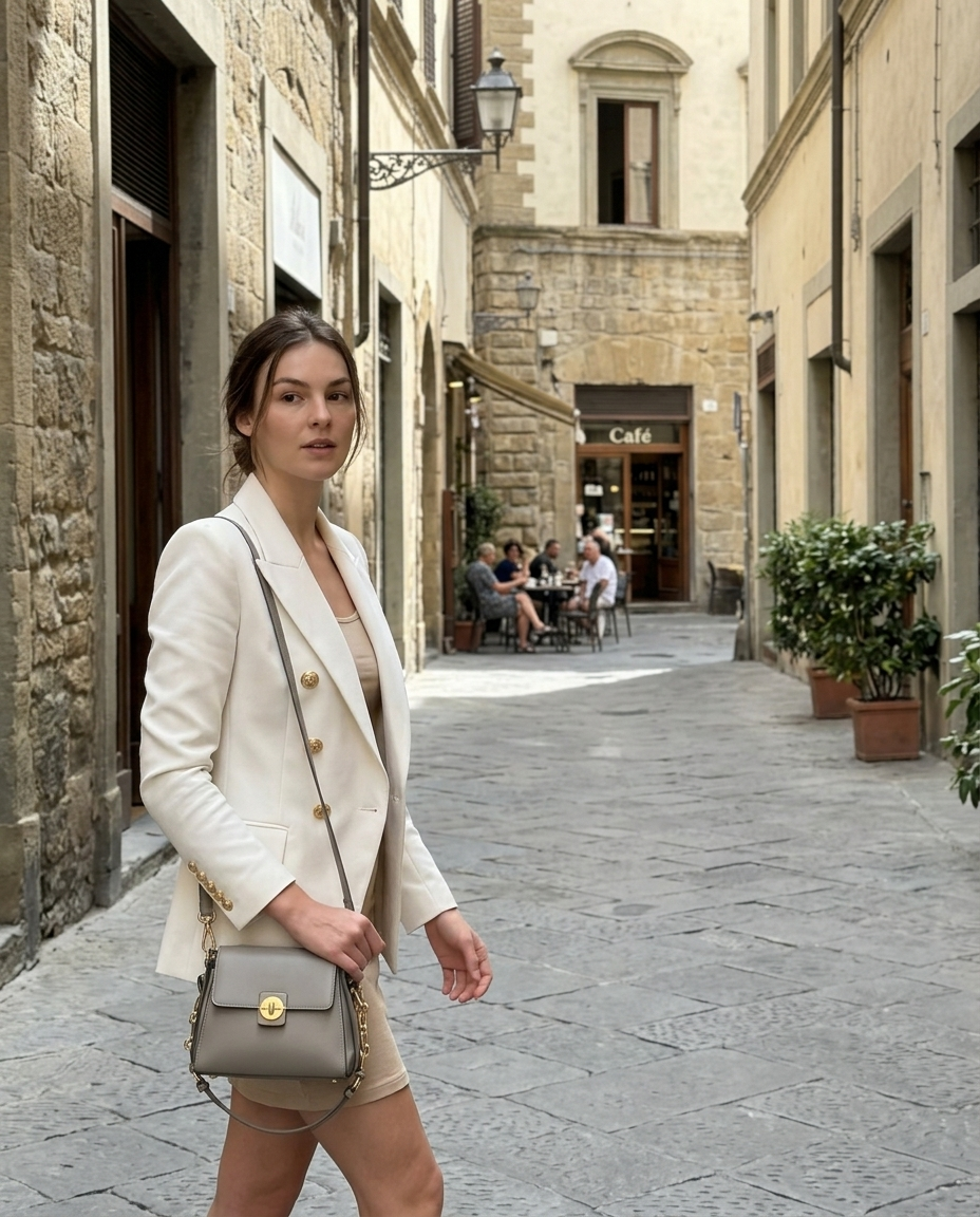 Ecru Tailored Double-Breasted Blazer with Gold Buttons worn in an everyday street setting