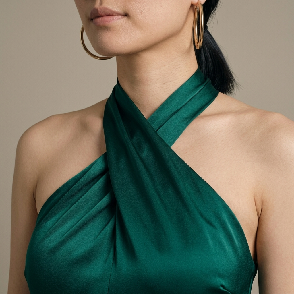 Close-up of Emerald Green Halter Neck Mermaid Maxi Dress detail
