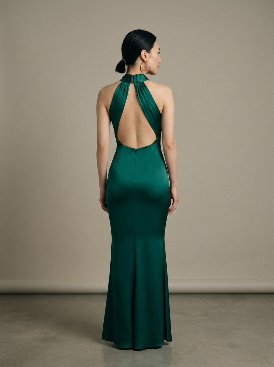 Emerald Green Halter Neck Mermaid Maxi Dress worn by a model, back view