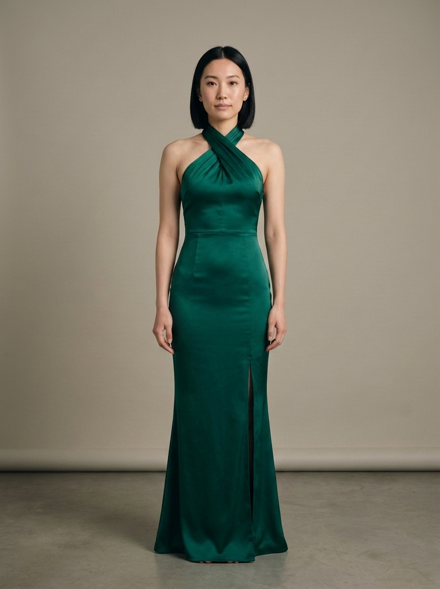 Emerald Green Halter Neck Mermaid Maxi Dress worn by a model, front view