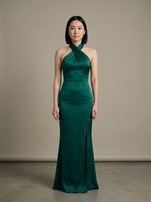 Emerald Green Halter Neck Mermaid Maxi Dress worn by a model, front view