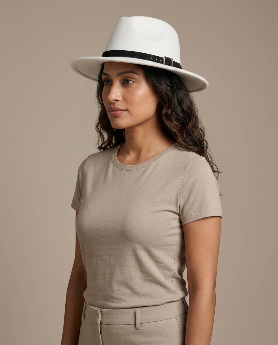 Felt Wide-Brim Fedora Hat, White Buckled Band worn by a model, close waist-up view