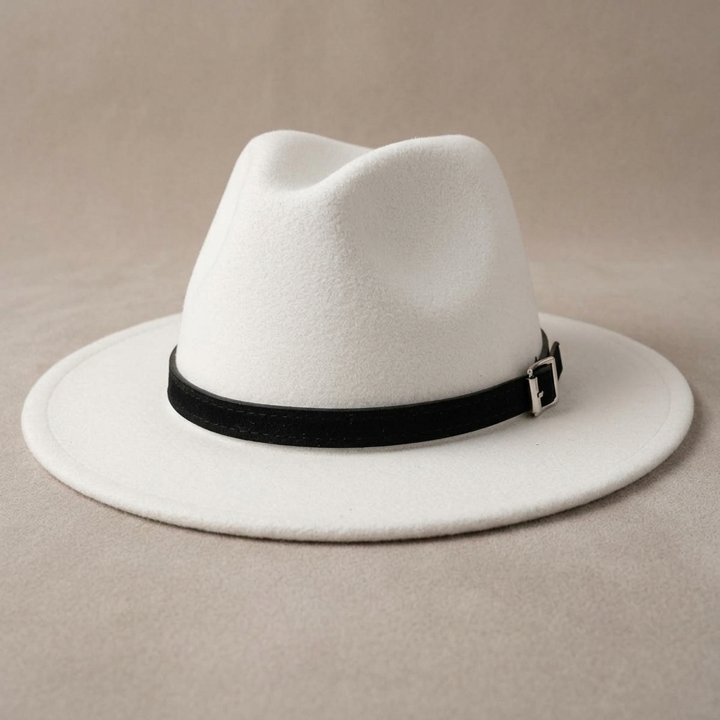 Close-up of Felt Wide-Brim Fedora Hat, White Buckled Band