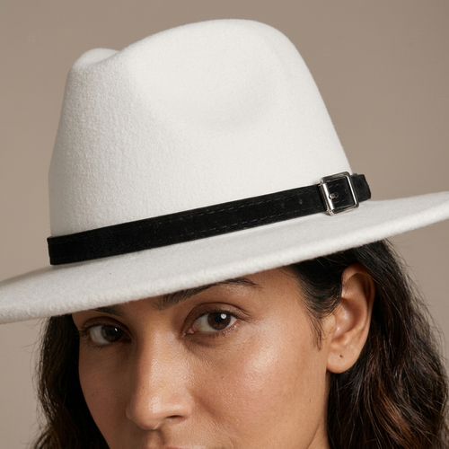 Felt Wide-Brim Fedora Hat, White Buckled Band worn, close-up