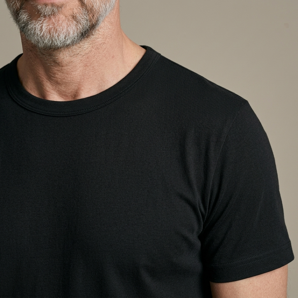 Close-up of Fitted Black Cotton Crew Neck T-Shirt detail