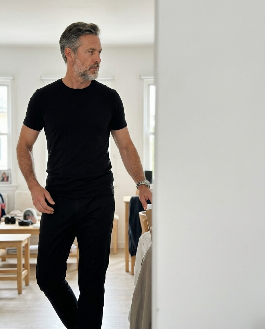 Fitted Black Cotton Crew Neck T-Shirt styled in a daylight interior setting