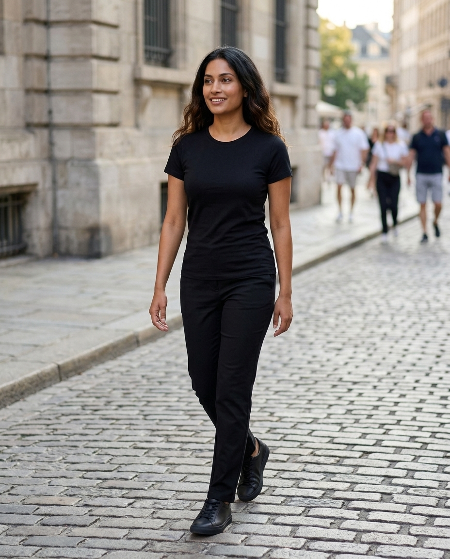 Fitted Black Cotton Crew Neck T-Shirt worn in an everyday street setting