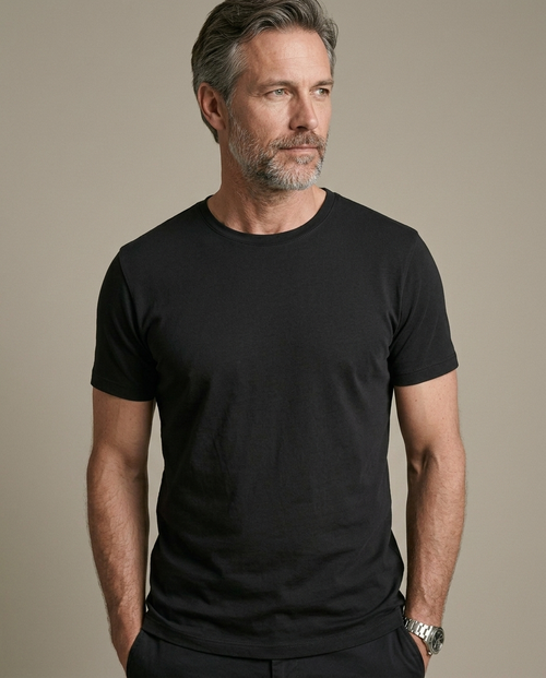 Fitted Black Cotton Crew Neck T-Shirt worn by a model, close waist-up view