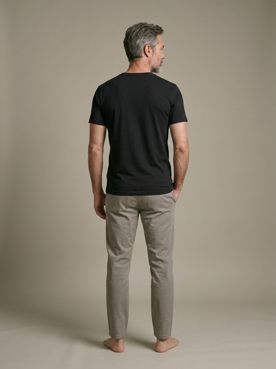 Fitted Black Cotton Crew Neck T-Shirt worn by a model, back view
