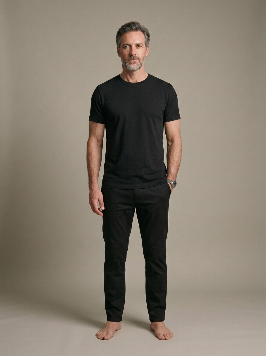 Fitted Black Cotton Crew Neck T-Shirt worn by a model, front view