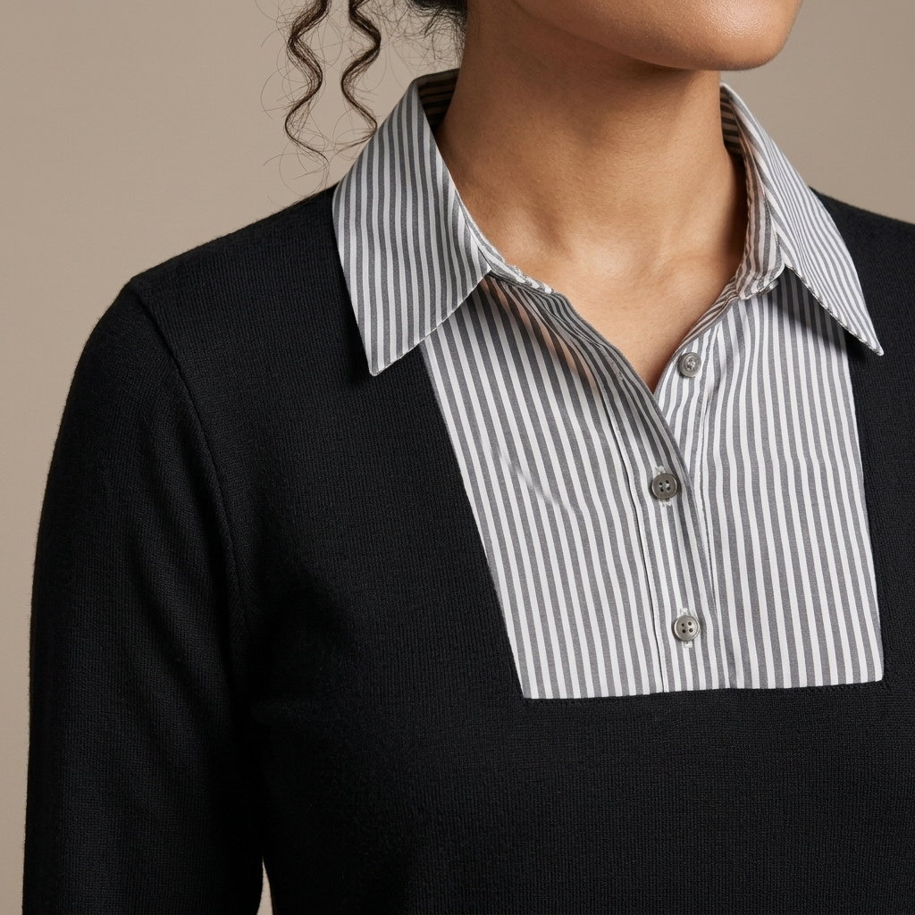 Close-up of Fitted Long Sleeve Striped Collar Top detail