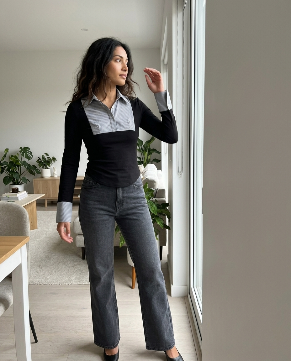 Fitted Long Sleeve Striped Collar Top styled in a daylight interior setting