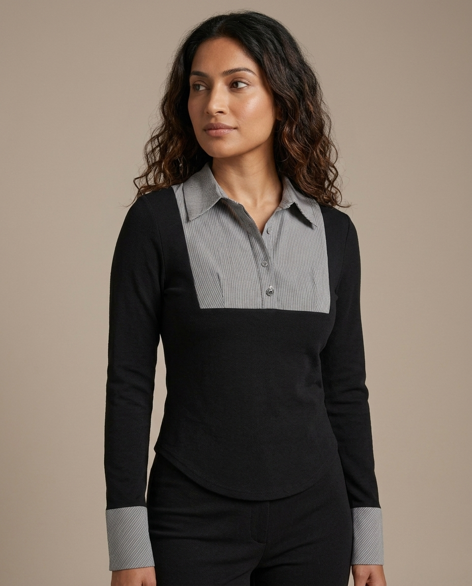 Fitted Long Sleeve Striped Collar Top worn by a model, close waist-up view