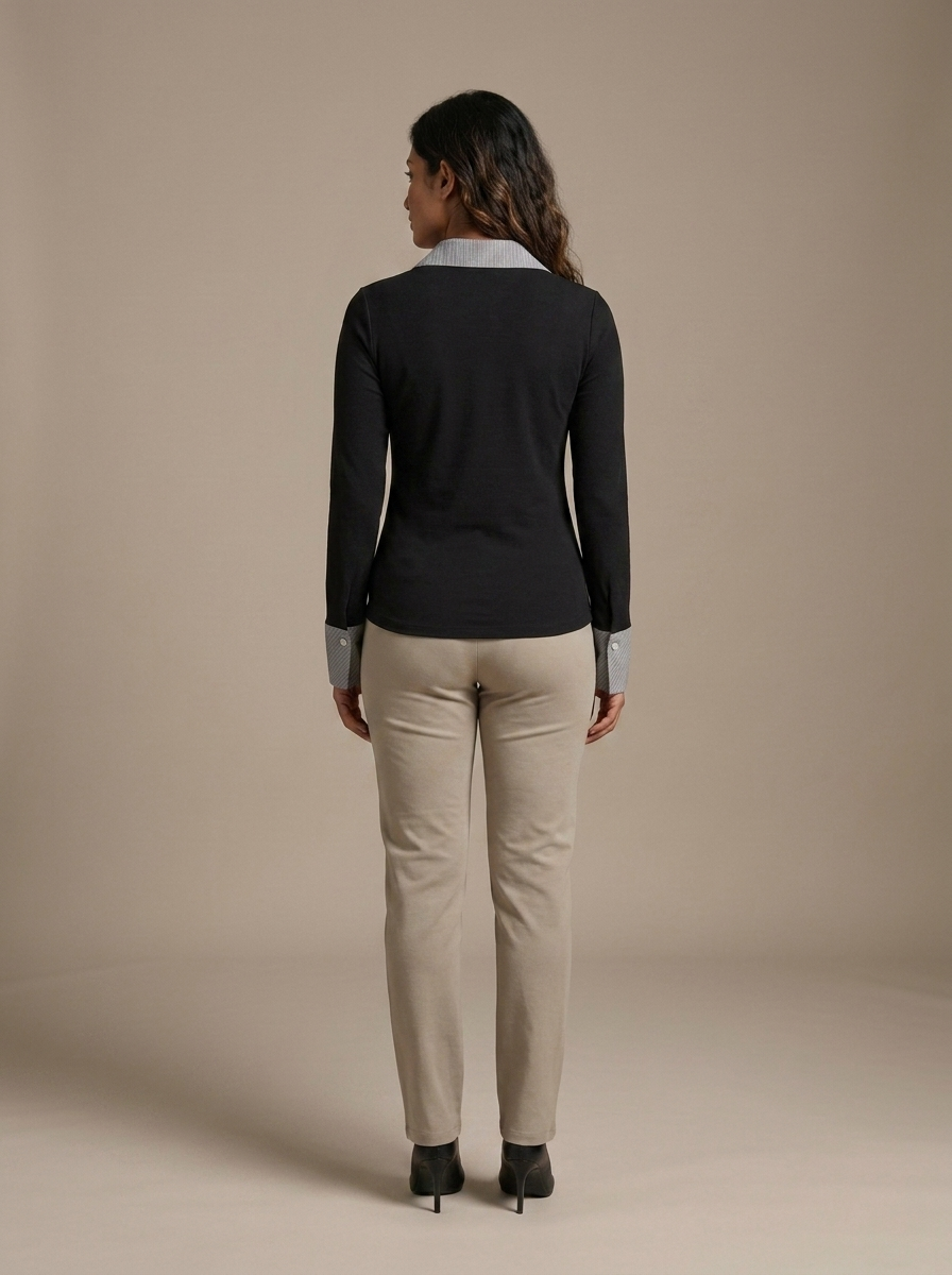 Fitted Long Sleeve Striped Collar Top worn by a model, back view