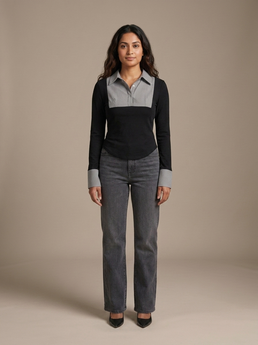 Fitted Long Sleeve Striped Collar Top worn by a model, front view