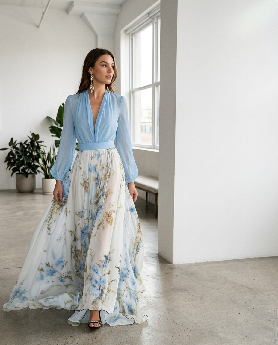 Floral Maxi Dress, Draped Chiffon V-Neck styled in a daylight interior setting
