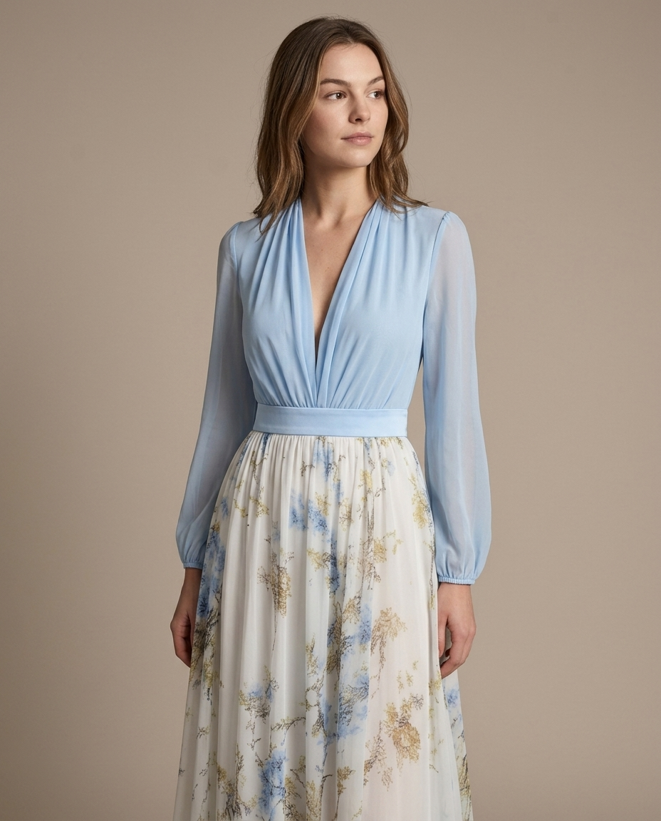 Floral Maxi Dress, Draped Chiffon V-Neck worn by a model, close waist-up view