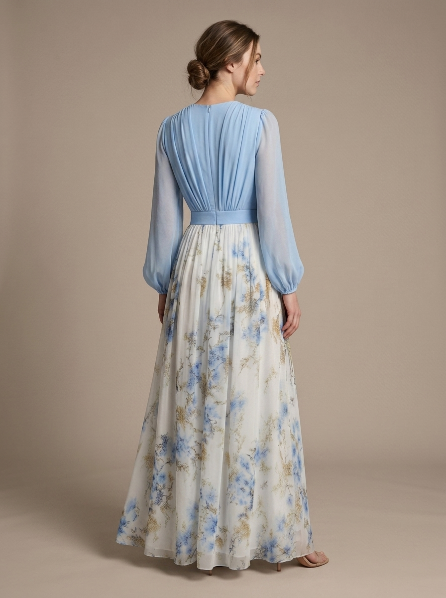Floral Maxi Dress, Draped Chiffon V-Neck worn by a model, back view
