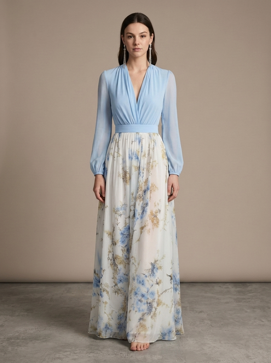 Floral Maxi Dress, Draped Chiffon V-Neck worn by a model, front view