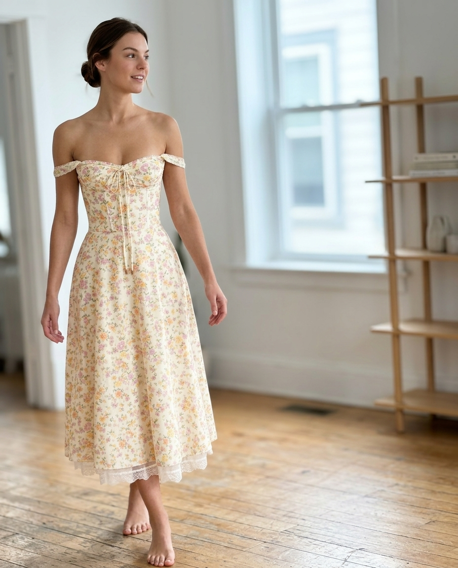 Floral Off-Shoulder Corset Midi Dress, Lace Hem styled in a daylight interior setting