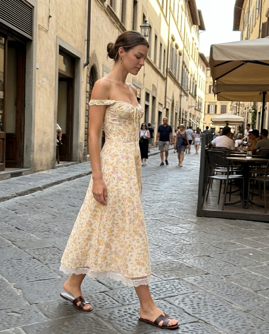 Floral Off-Shoulder Corset Midi Dress, Lace Hem worn in an everyday street setting