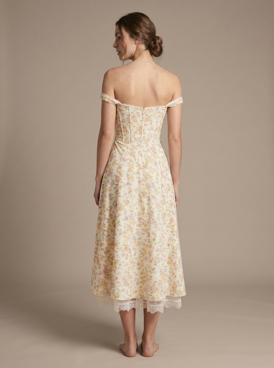 Floral Off-Shoulder Corset Midi Dress, Lace Hem worn by a model, back view