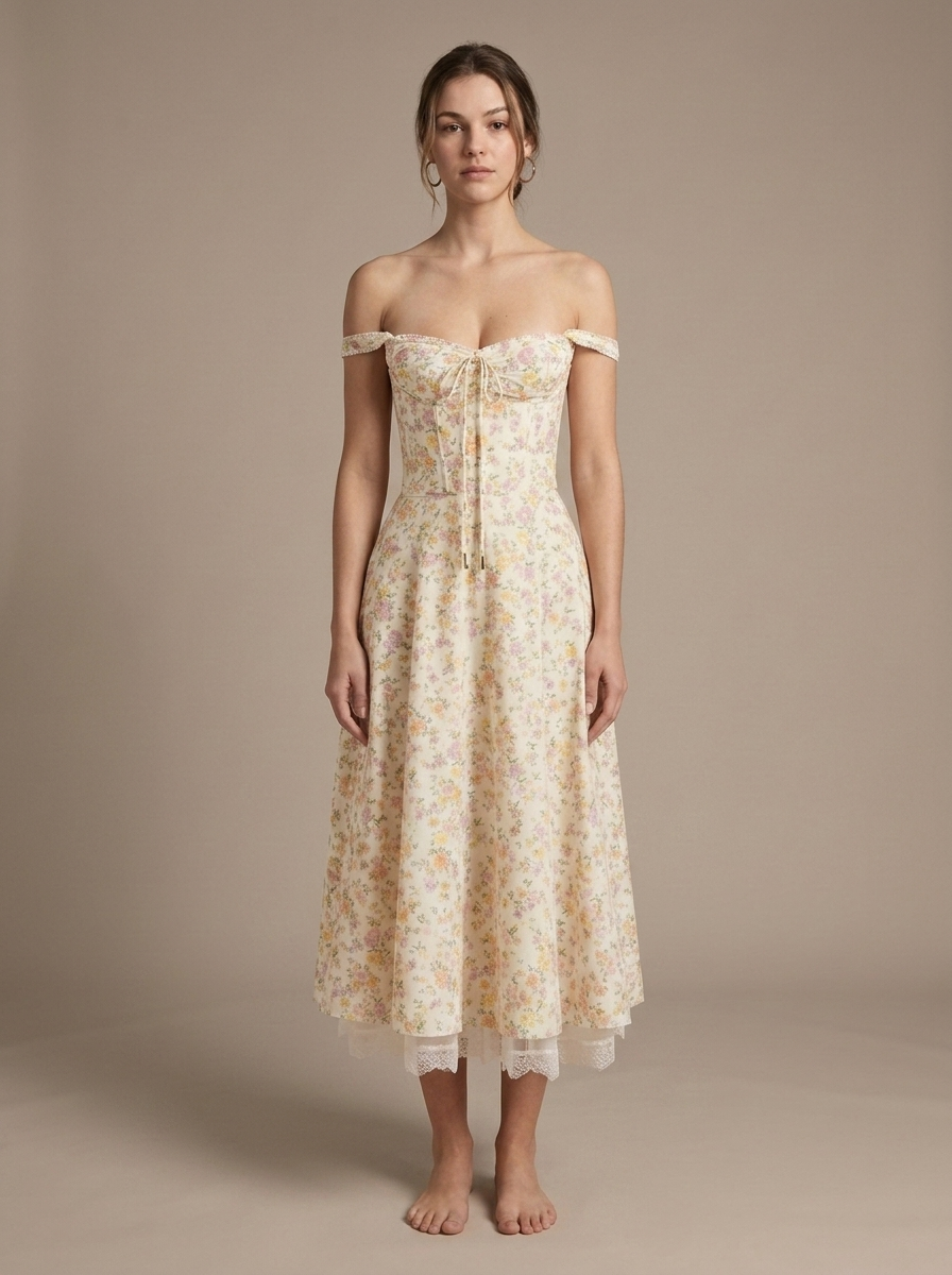 Floral Off-Shoulder Corset Midi Dress, Lace Hem worn by a model, front view
