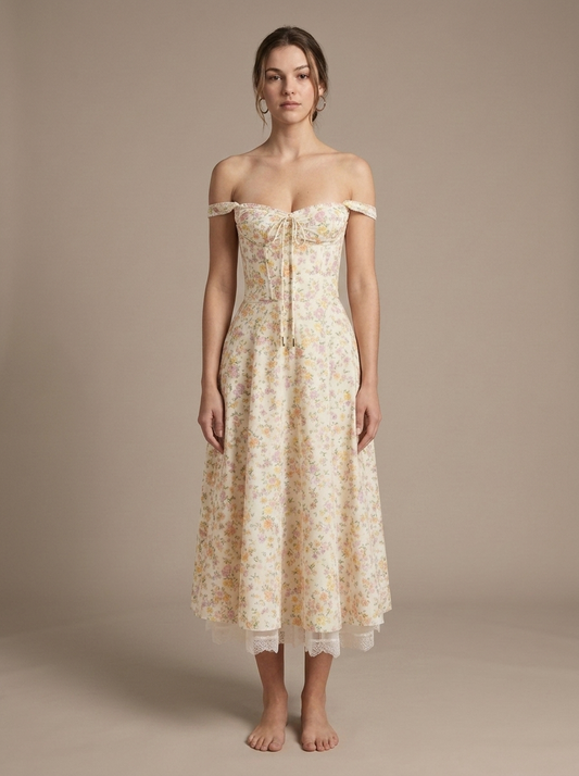 Floral Off-Shoulder Corset Midi Dress, Lace Hem worn by a model, front view