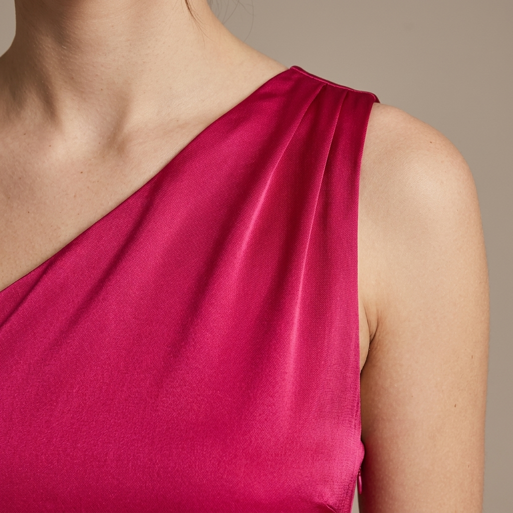 Close-up of Fuchsia One-Shoulder Draped Satin Maxi Dress detail
