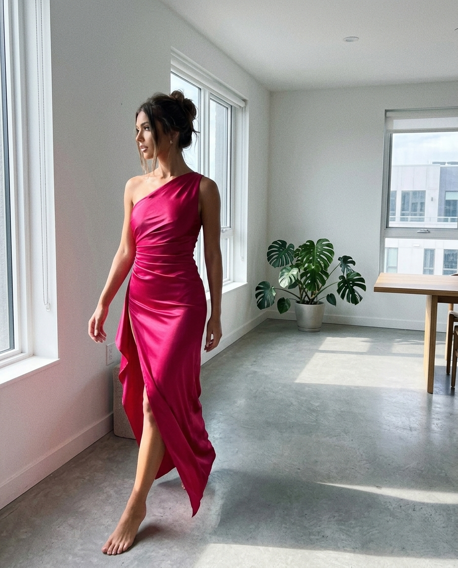 Fuchsia One-Shoulder Draped Satin Maxi Dress styled in a daylight interior setting
