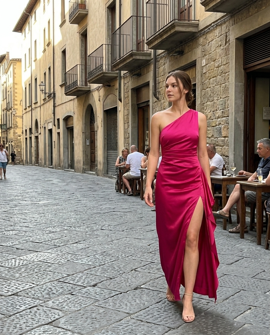Fuchsia One-Shoulder Draped Satin Maxi Dress worn in an everyday street setting