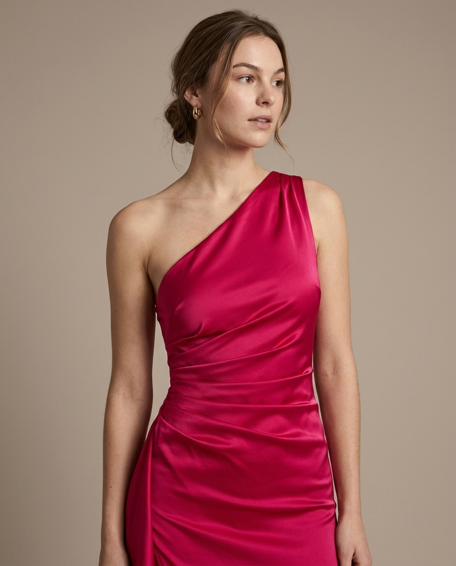 Fuchsia One-Shoulder Draped Satin Maxi Dress worn by a model, close waist-up view