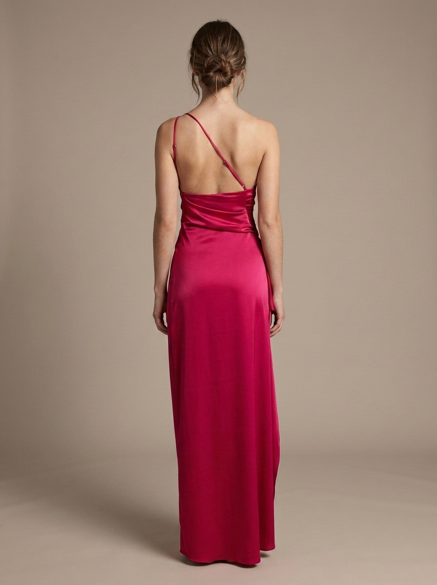 Fuchsia One-Shoulder Draped Satin Maxi Dress worn by a model, back view